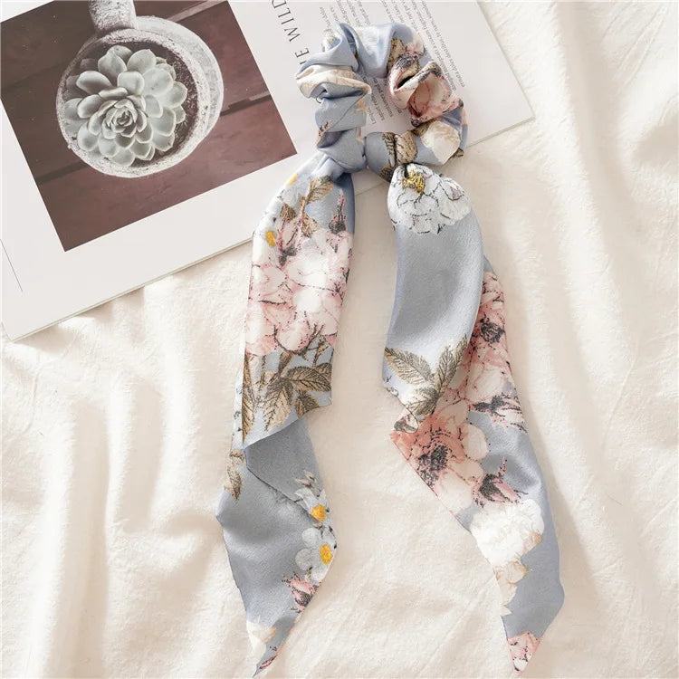 Fashion Leopard Print Bow Satin Long Ribbon Ponytail Scarf Hair Tie Scrunchies Women Gir detail view