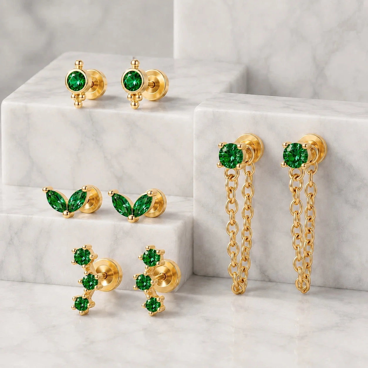 EVISPOL 18G Stainless Steel Flat Back Stud Earrings for Women Men Hypoallergenic Green C detail view
