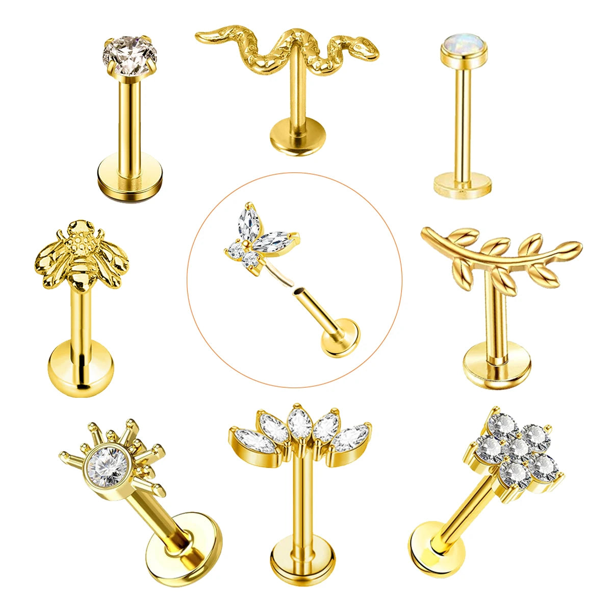 EVISPOL 16G Hypoallergenic Stainless Steel Threadless Insert Labret Lip Rings Tiny Crystal CZ Butter