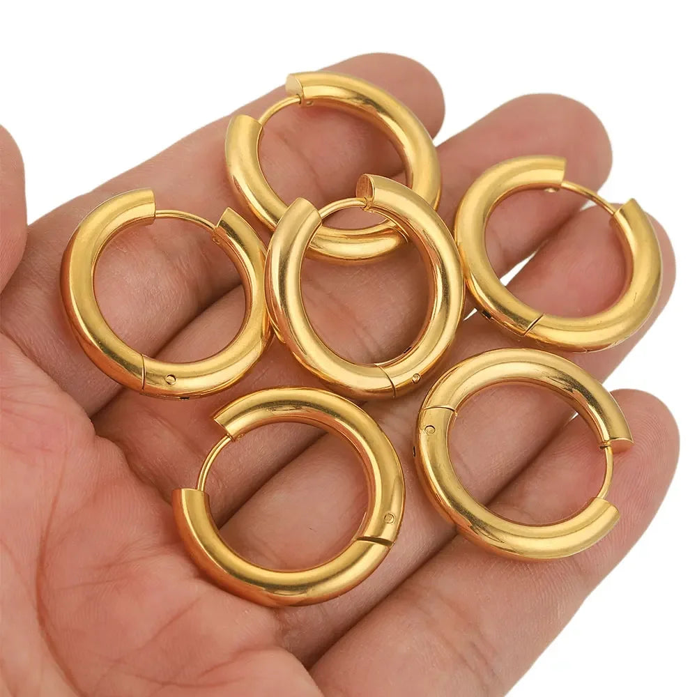 6pcs Stainless Steel 4mm Thick Earrings Gold Plated Large Round Korean Ear Rings Hoop Ea detail view