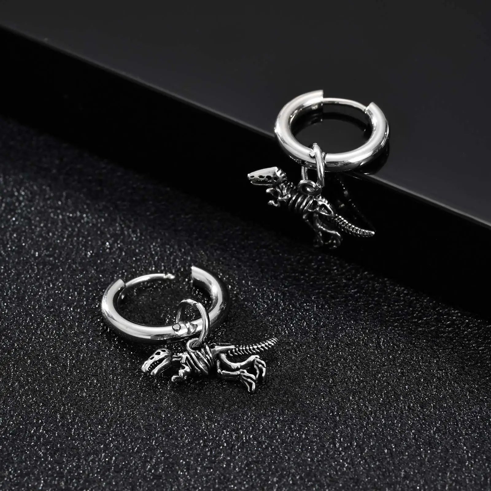 Dinosaur Drop Earrings | Stainless Steel Punk Rock Jewelry for Men and Women detail view