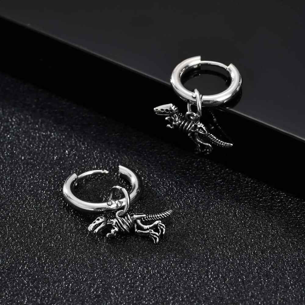 Dinosaur Drop Earrings | Stainless Steel Punk Rock Jewelry for Men and Women detail view