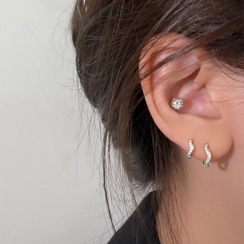 Stainless Steel Minimal Wave Hoop Earrings Crystal Zirconia Small Huggie Thin Cartilage detail view