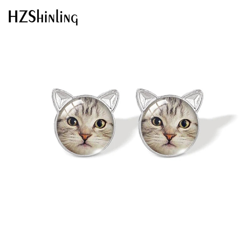 Lovely Cat Face Stud Earrings | Handmade Glass Dome Photo Printed Jewelry for Women lifestyle view
