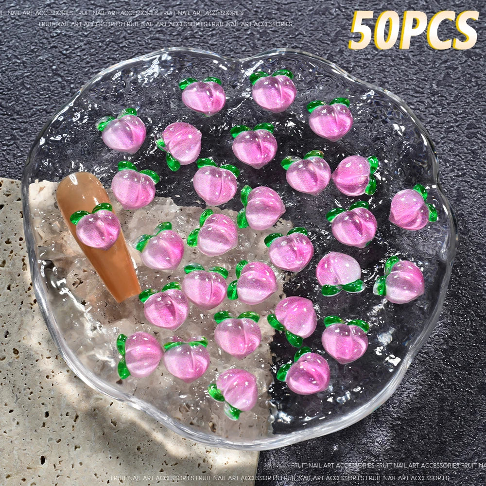 50Pcs 3D Summer Fruits Nail Charms Strawberry,Watermelo,Cherry,Peach,Lemon Flatback Na close-up view