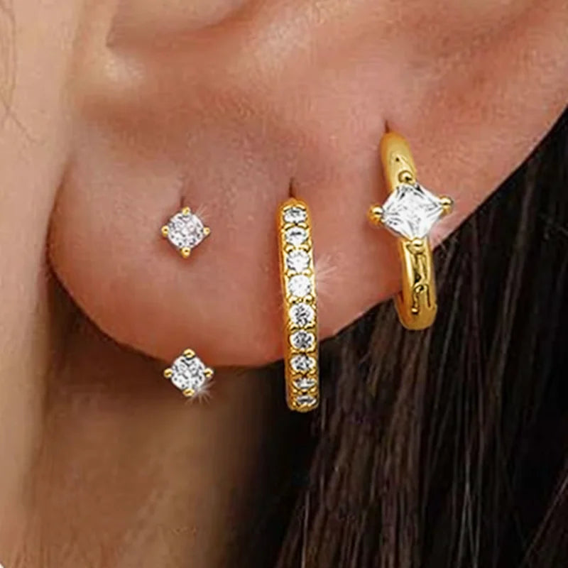 3PCS Stainless Steel Zircon Flower Star Ear Stud Earrings Set 14K Gold Plated Chain C lifestyle view