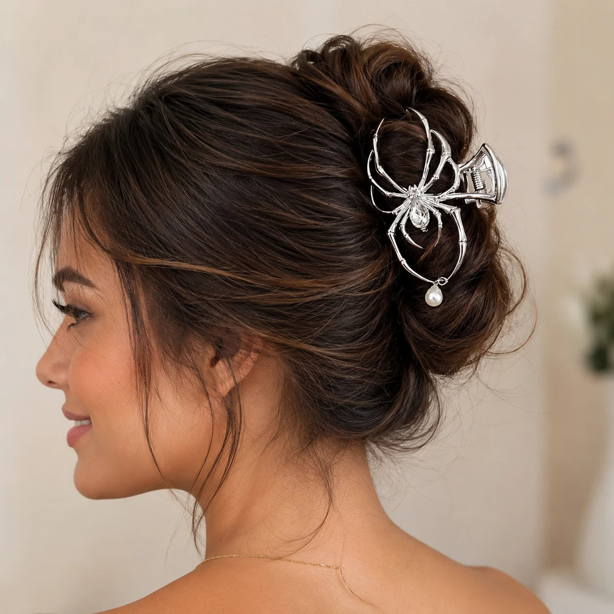 Spider Hair Clip Women Pearl Pendant Rhinestone Hair Claw
