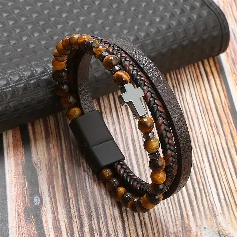Classic Men's Leather Bracelet New Style Hand-woven Multi-layer Combination Accesso additional angle