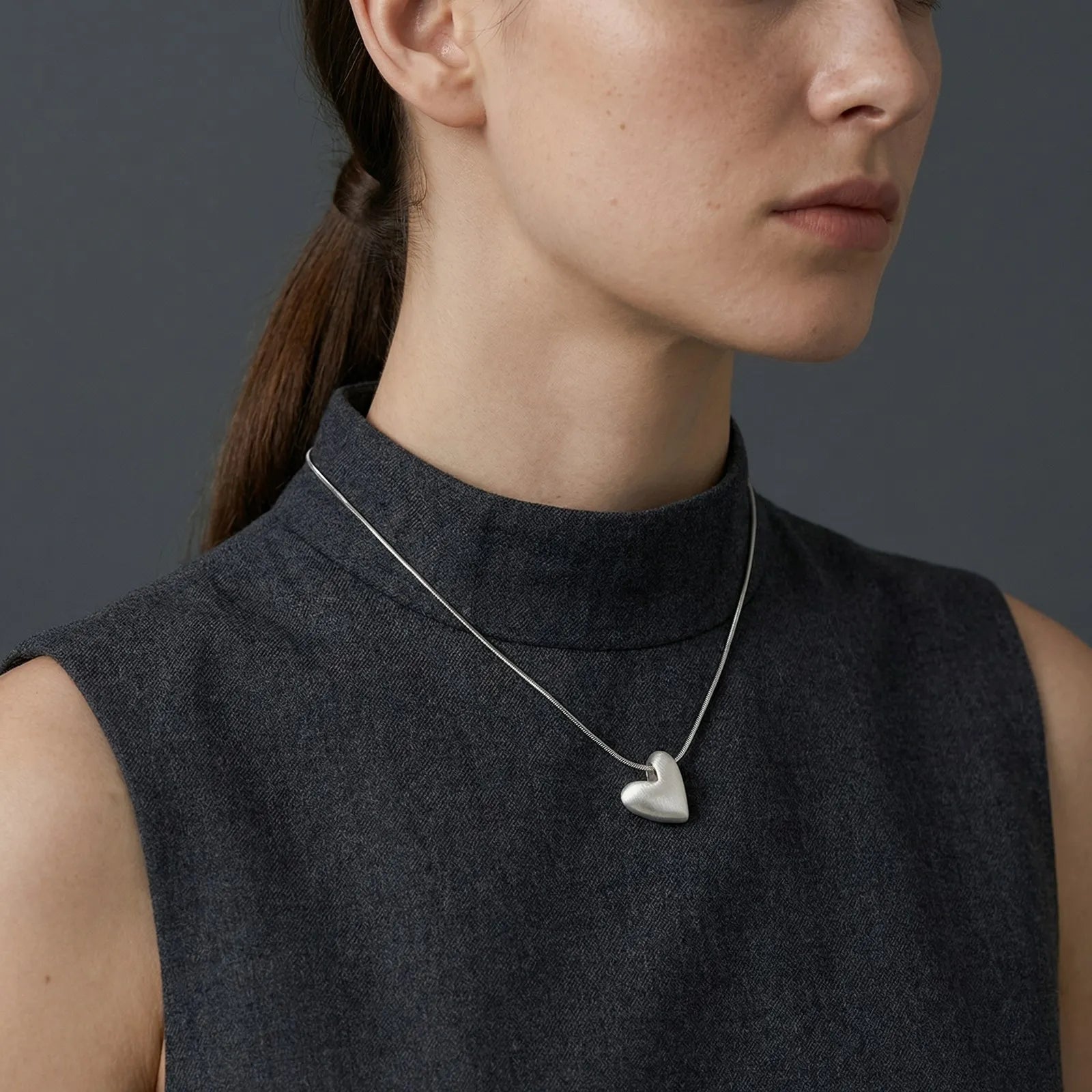 Vnox Minimalism Heart Pendant Snake Chain Necklace for Women Girls, Matte Silver Color Love Pendant