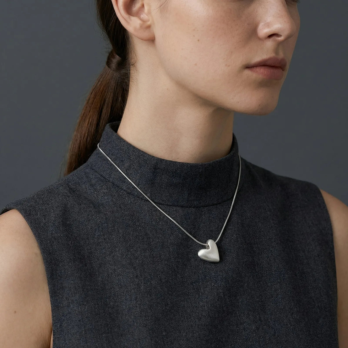 Vnox Minimalism Heart Pendant Snake Chain Necklace for Women Girls, Matte Silver Color Love Pendant
