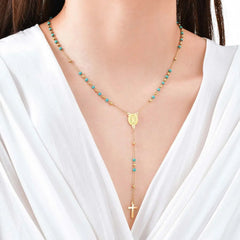 Colored Bead Y-Shaped Cross Necklace | Stainless Steel Catholic Rosary Jewelry for Women detail view