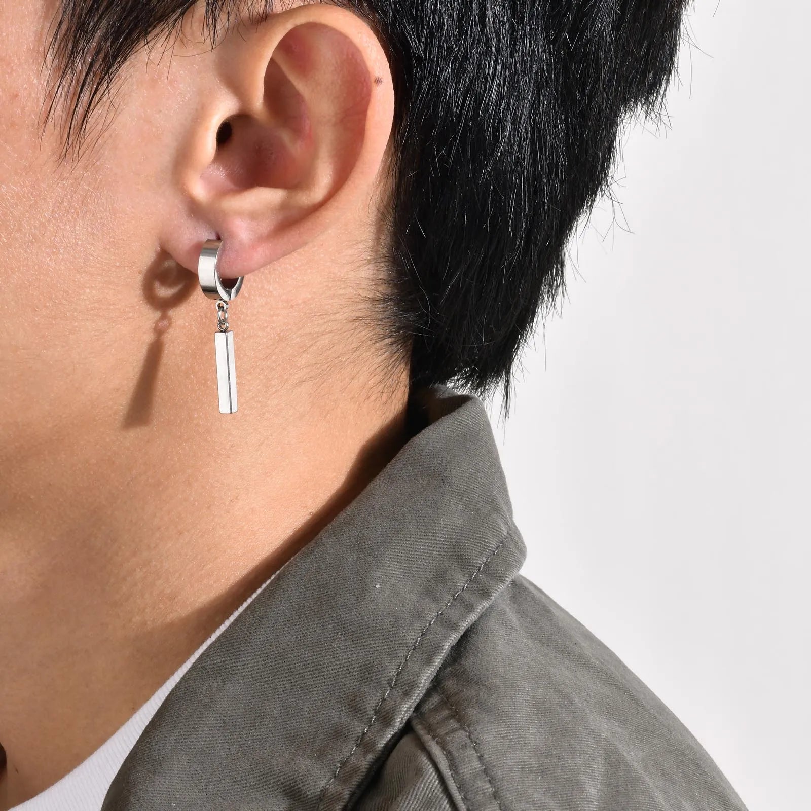 Men's Cool Punk Statement Geometric Bar Hoop Huggie Earrings Gifts Jewelry, Waterproof close-up view