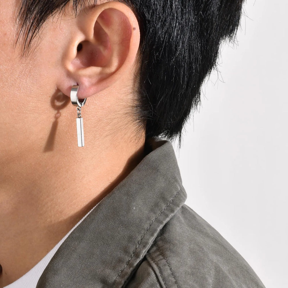 Men's Cool Punk Statement Geometric Bar Hoop Huggie Earrings Gifts Jewelry, Waterproof close-up view