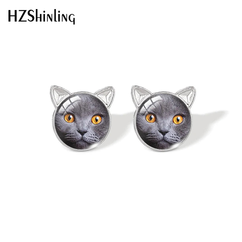 Lovely Cat Face Stud Earrings | Handmade Glass Dome Photo Printed Jewelry for Women close-up view