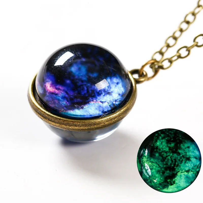 Universe Planet Earth Glass Luminous Double-Sided Retro Pendant Necklace For Women Me lifestyle view