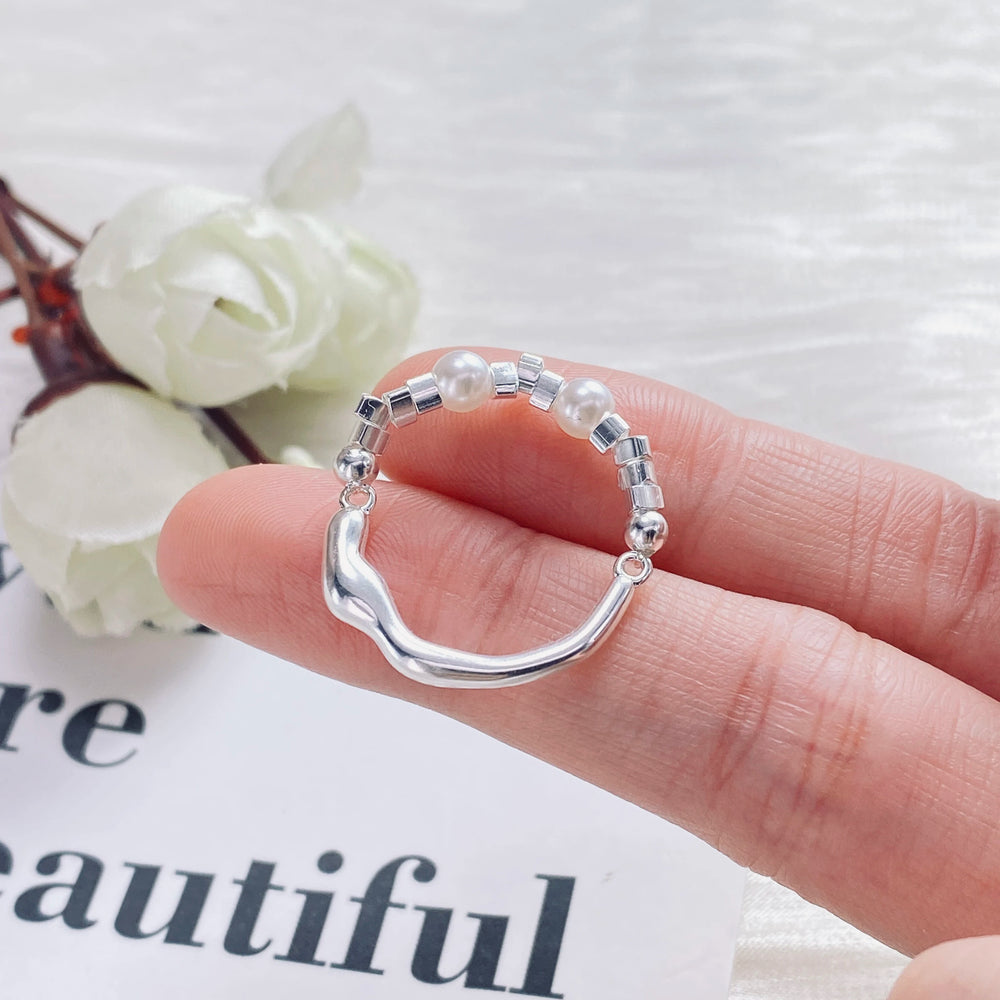 PANJBJ 925 Sterling Silver Pearl Irregular Ring for Women Shell Overlapping Hollow Sw lifestyle view