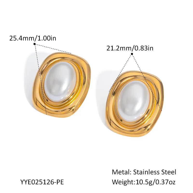Vintage Oval Stud Earrings | 18K Gold Plated Stainless Steel Natural Stone Jewelry close-up view