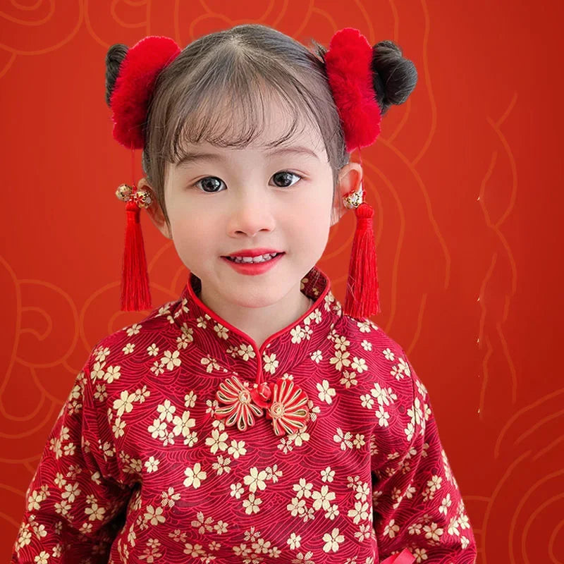 2PCS New Tassel Big Red Chinese-style Hair Accessories Cute Children’s Day And New Ye alternate view