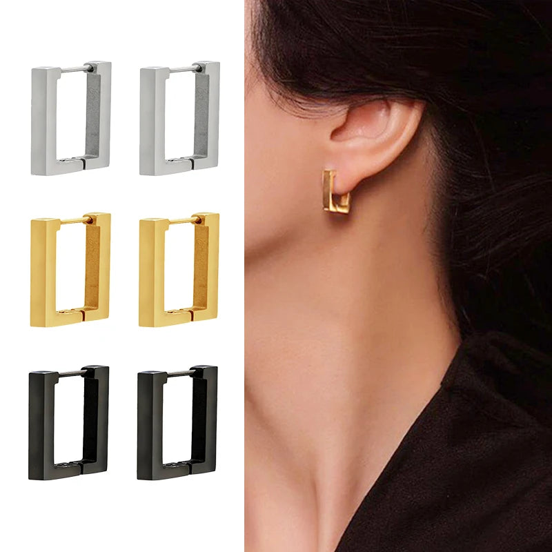 Fashion Geometric Stainless Steel Square Triangle Hoop Earrings Men Women Stainless Stee detail view