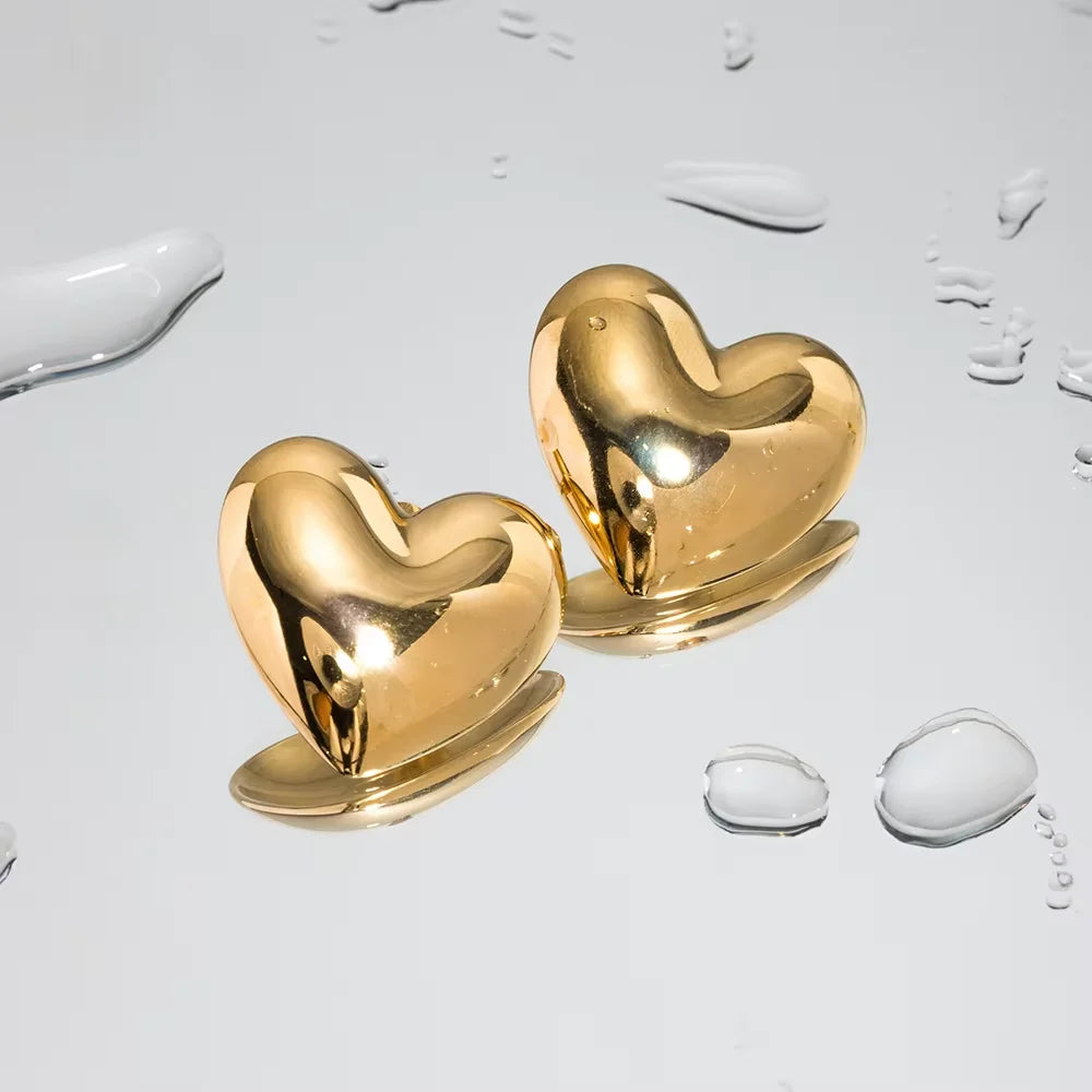 18K Gold Plated Stainless Steel Heart Stud Earrings | Smooth & Waterproof Jewelry G additional angle