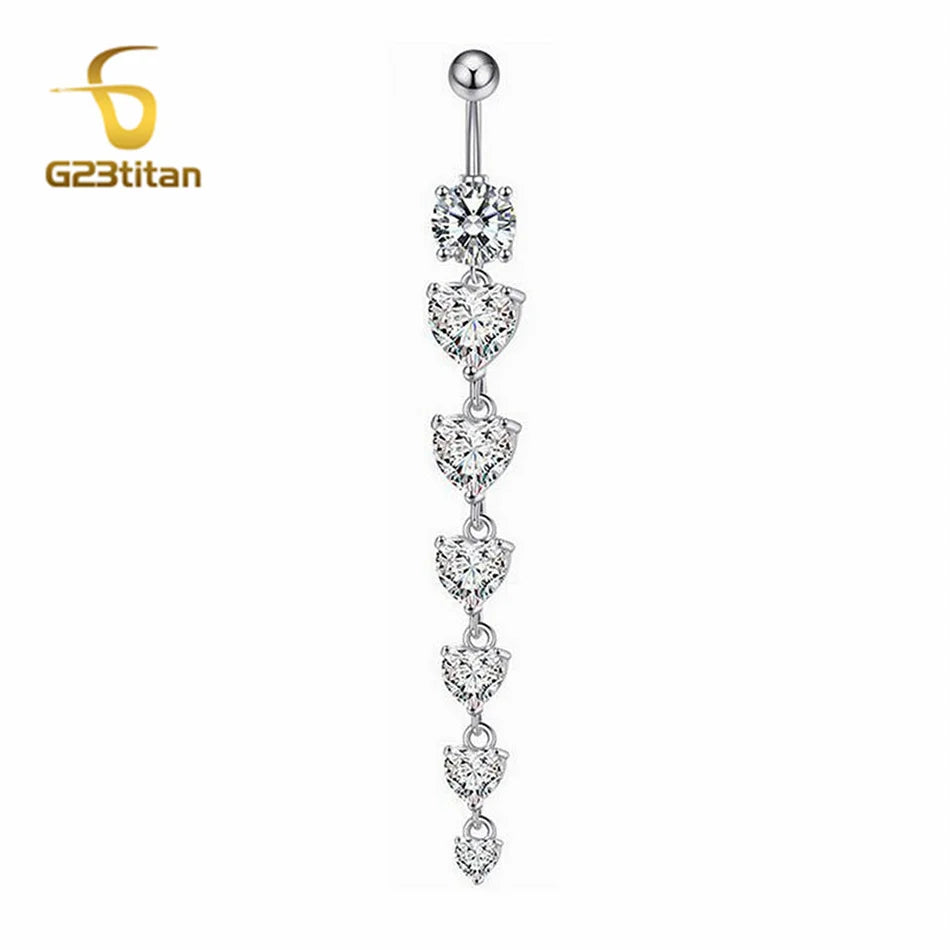 Long Belly Button Rings for Women 14G Titanium Bar Butterfly Heart Charms Dangle Navel close-up view