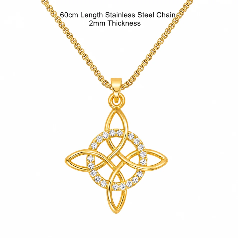 Witch Knot Pendant Necklace Stainless Steel Chain CZ Celtic 4 Elements Protection Amulet detail view