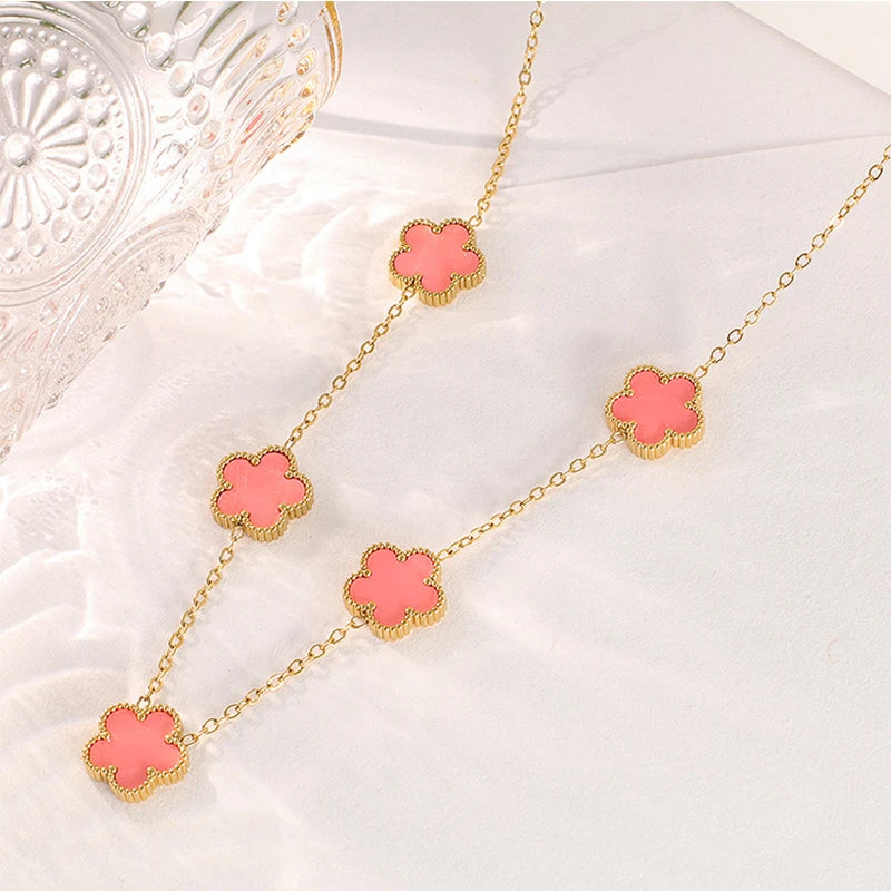 14K Gold Plated Stainless Steel Necklace Woman Five Leaf Petals Double Sided Necklace alternate view