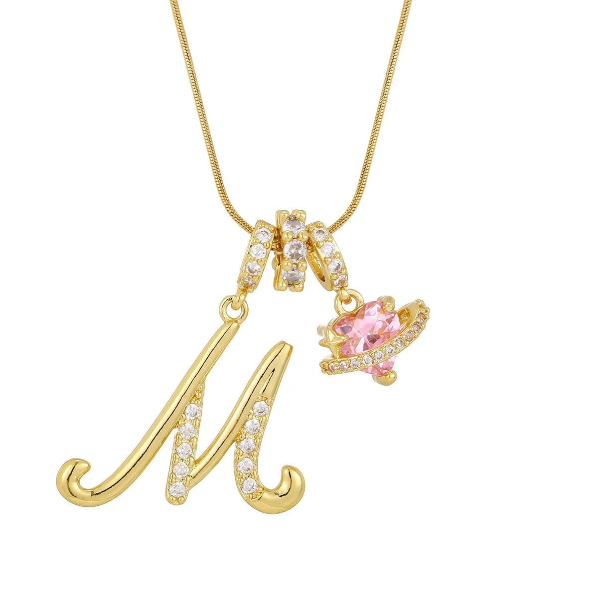 Fashion Letter Necklace for Women Pink Zircon Heart-shaped Pendant Suitable for Girls close-up view