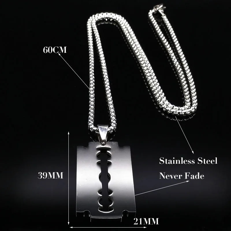 Gothic Blade Razor Pendant Necklace | Stainless Steel Black Goth Men's Chain lifestyle view