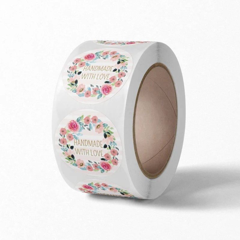 100-500 Flower Thank You Stickers for Small Business Packaging | Handmade Love Labels detail view