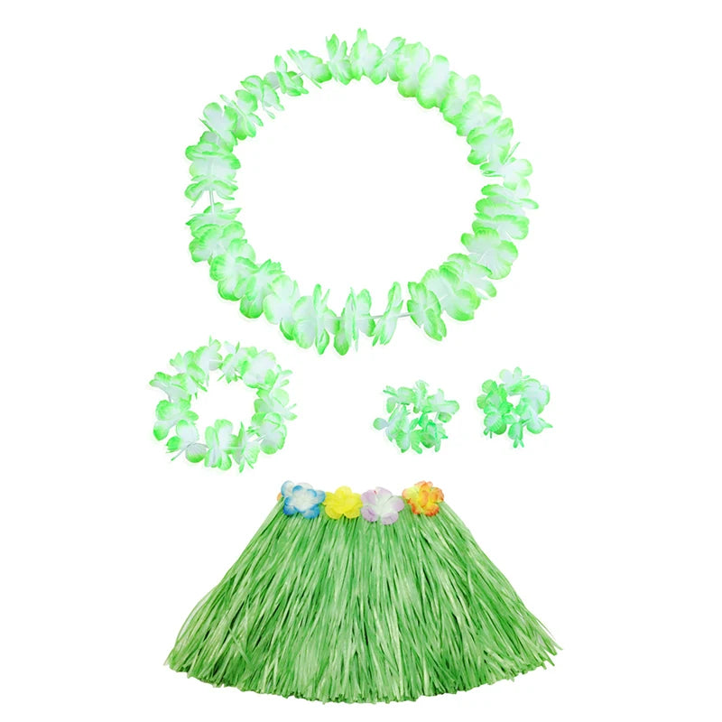 Kids Hawaiian Luau Costume Set | Grass Skirt Lei Flower Bracelets Headband alternate view