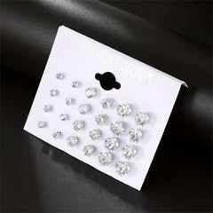 12 Pairs Set Stainless Steel Silver Color CZ Stud Earrings with Gemstone Buds Round Earr detail view