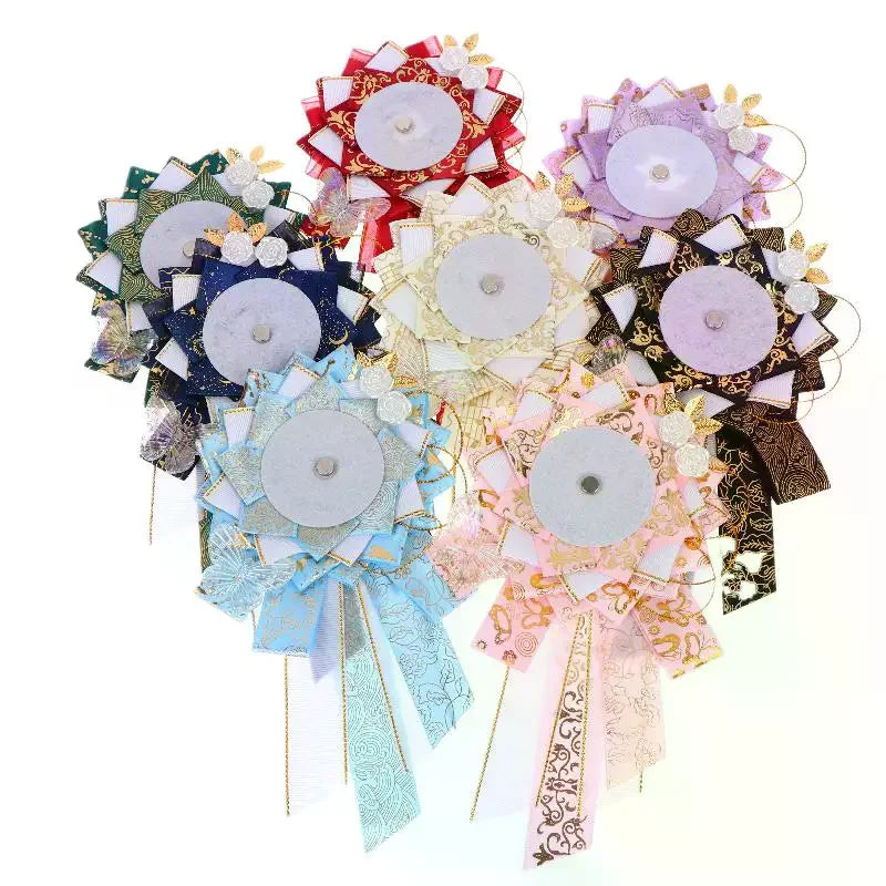 Big Bow Anime Badge Display Rosette With Gold Accents And Butterfly Decor Perfect For lifestyle view