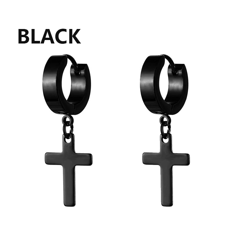 2pc Stainless Steel Men Cross Stars Punk Dangle Earrings Gothic Woman Cross Ear Hoop lifestyle view