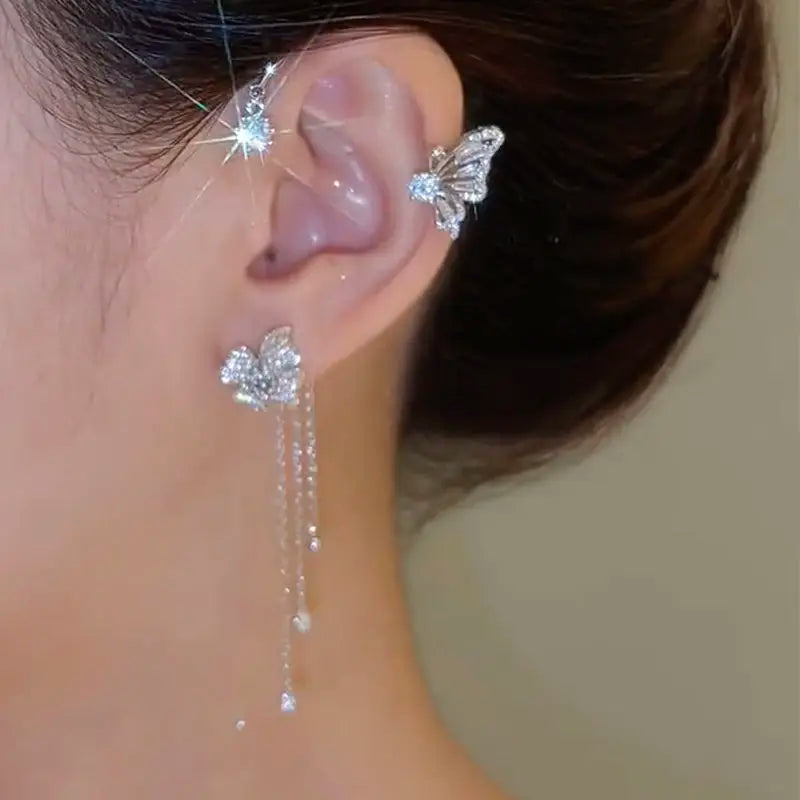 Sparkling Zircon Flower Butterfly Ear Bone Clip for Women Without Piercing Tassel E additional angle