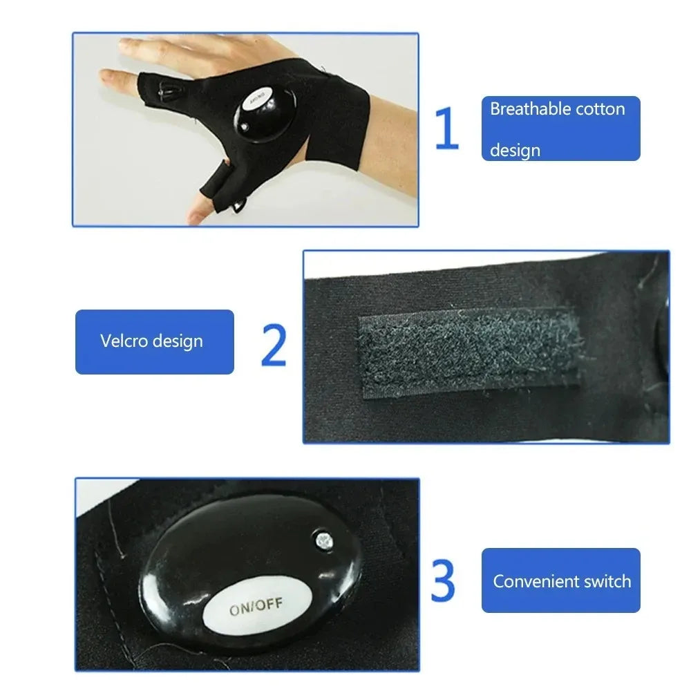 LED Flashlight Gloves | Waterproof Fingerless Illumination Gloves for Running, Cycling, detail view