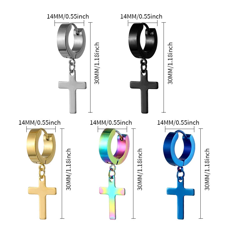 1Pair Punk Stainless Steel Cross Pendant Hoop Earrings For Men Women Not Fade Ear Rin lifestyle view