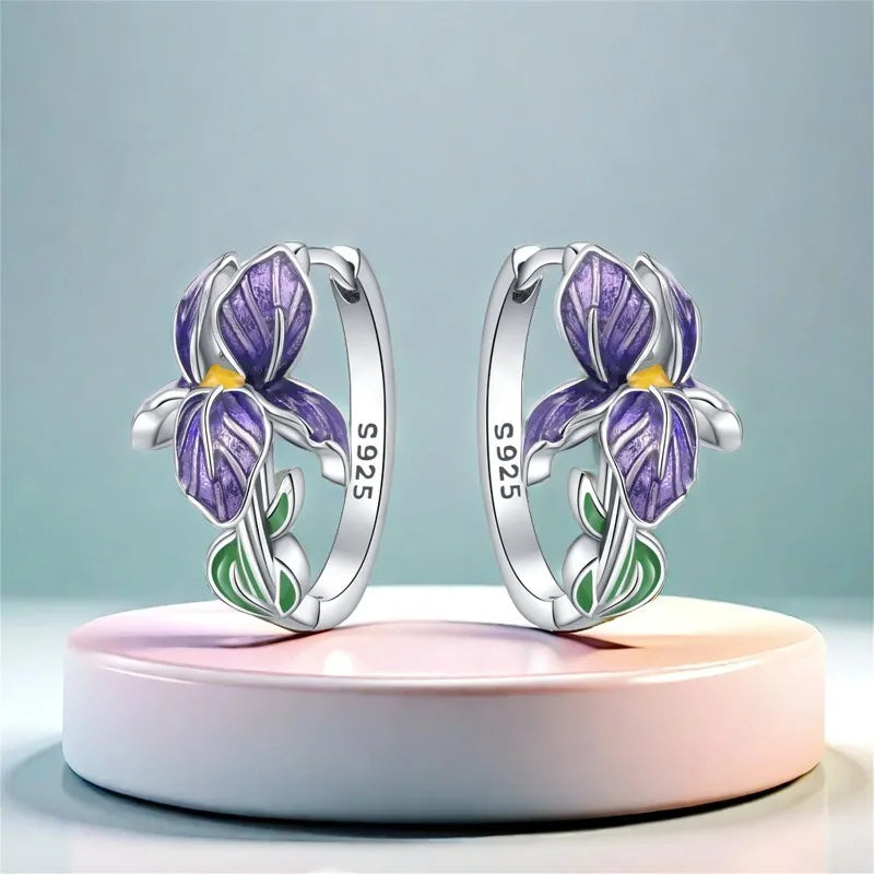 925 Sterling Silver Flower and Plant Series Purple Iris Earrings Exquisite Wedding Party Gifts for L