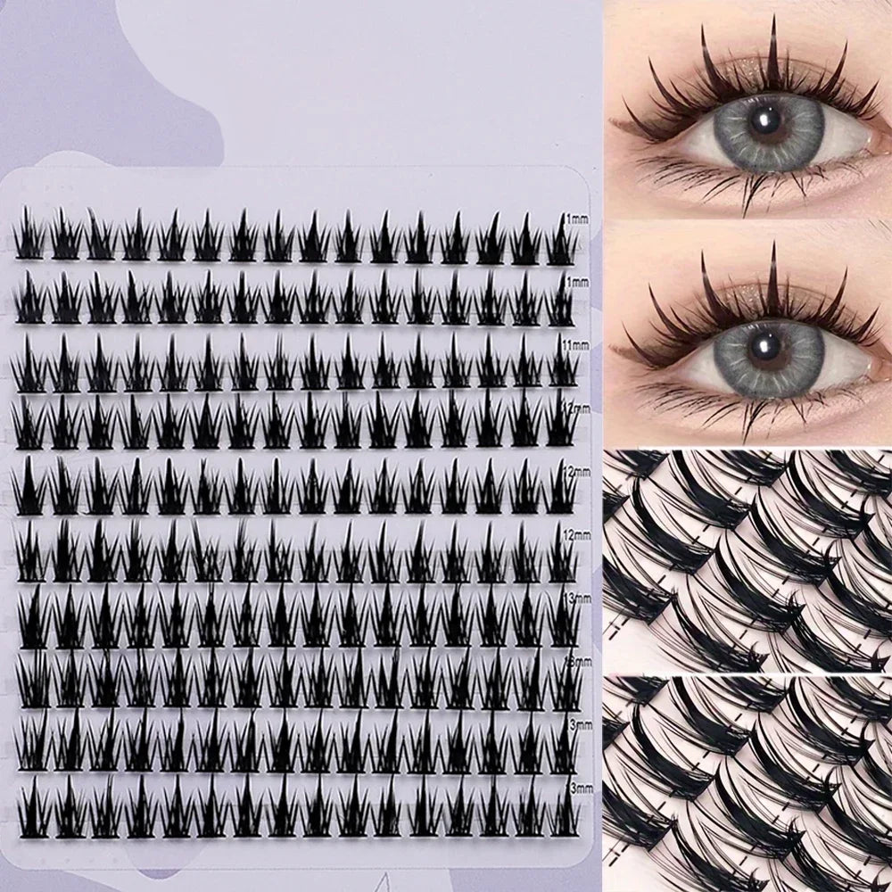 160 Pcs Wheat-Ear Shape Fake Eyelashes Fine Stem, DIY Eyelash Extension, Thick Segmented Clusters, C