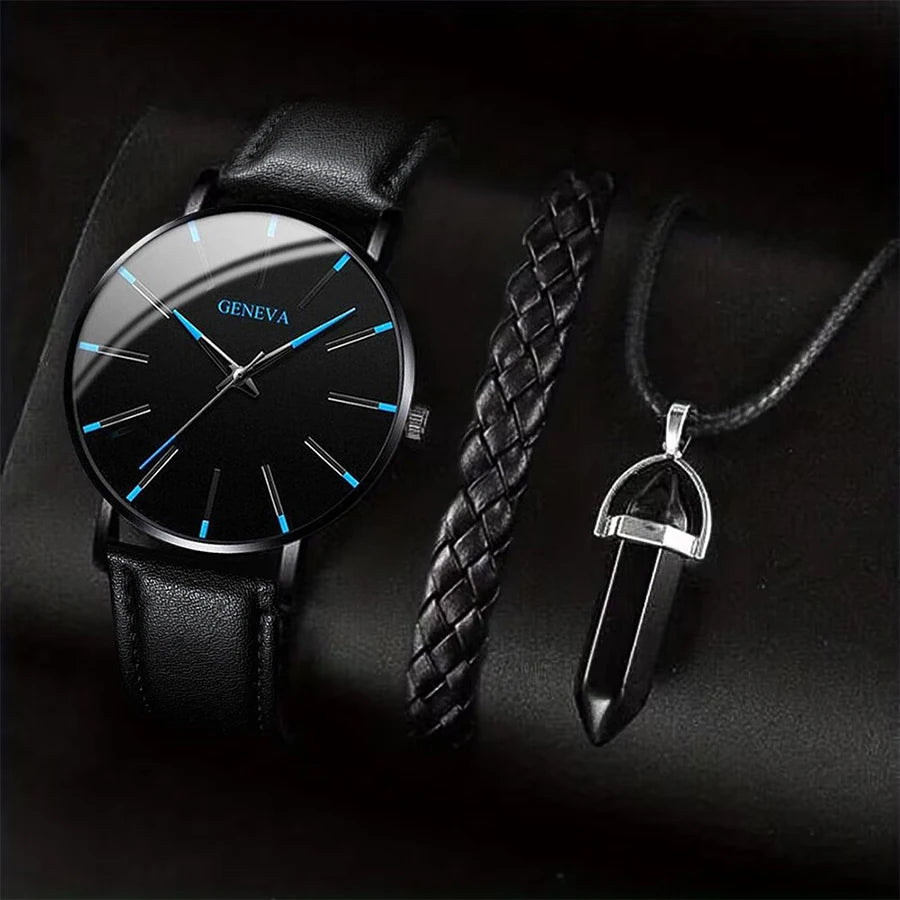 3PCS/Set Men Business Watches Casual Leather Band Analog Male's Quartz Watch Necklace alternate view