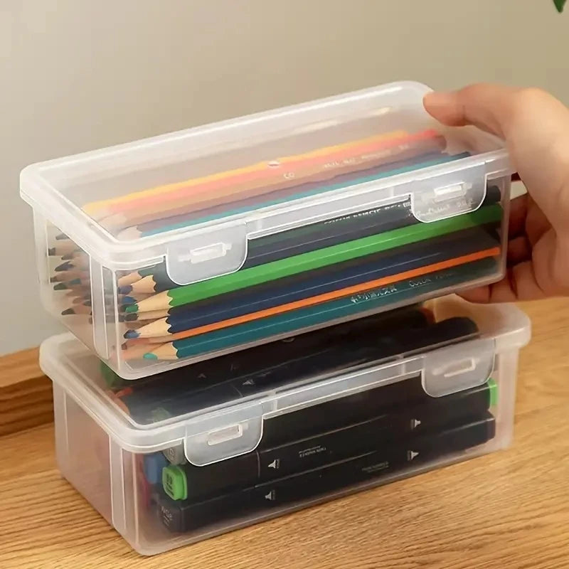 Plastic Pencil Box School Office Storage Organizer for Pens Markers Erasers close-up view