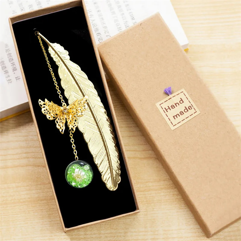 1Pcs Metal Feather Bookmark with Dried Flower Butterfly Boxed ,Teacher's Day Gift, Stude detail view