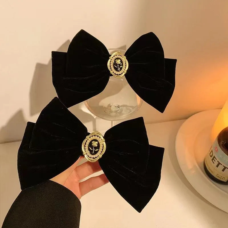 French Beautiful Barrette for Woman Black Elegant Velvet Ribbon Bowknot Party Hairpins Hair Accessories
