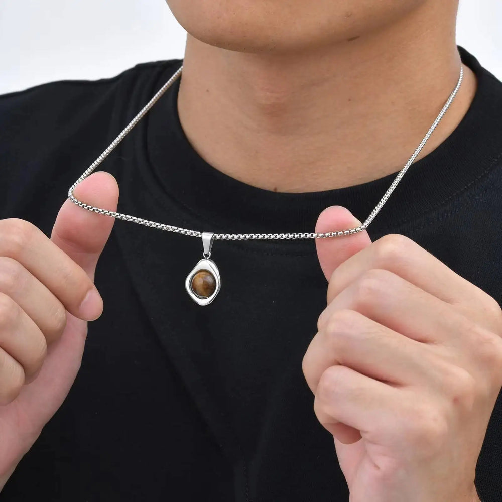 Vnox Tiger Eye Stone Irregular Pendant Neckalce for Men, Waterproof Stainless Steel Na close-up view