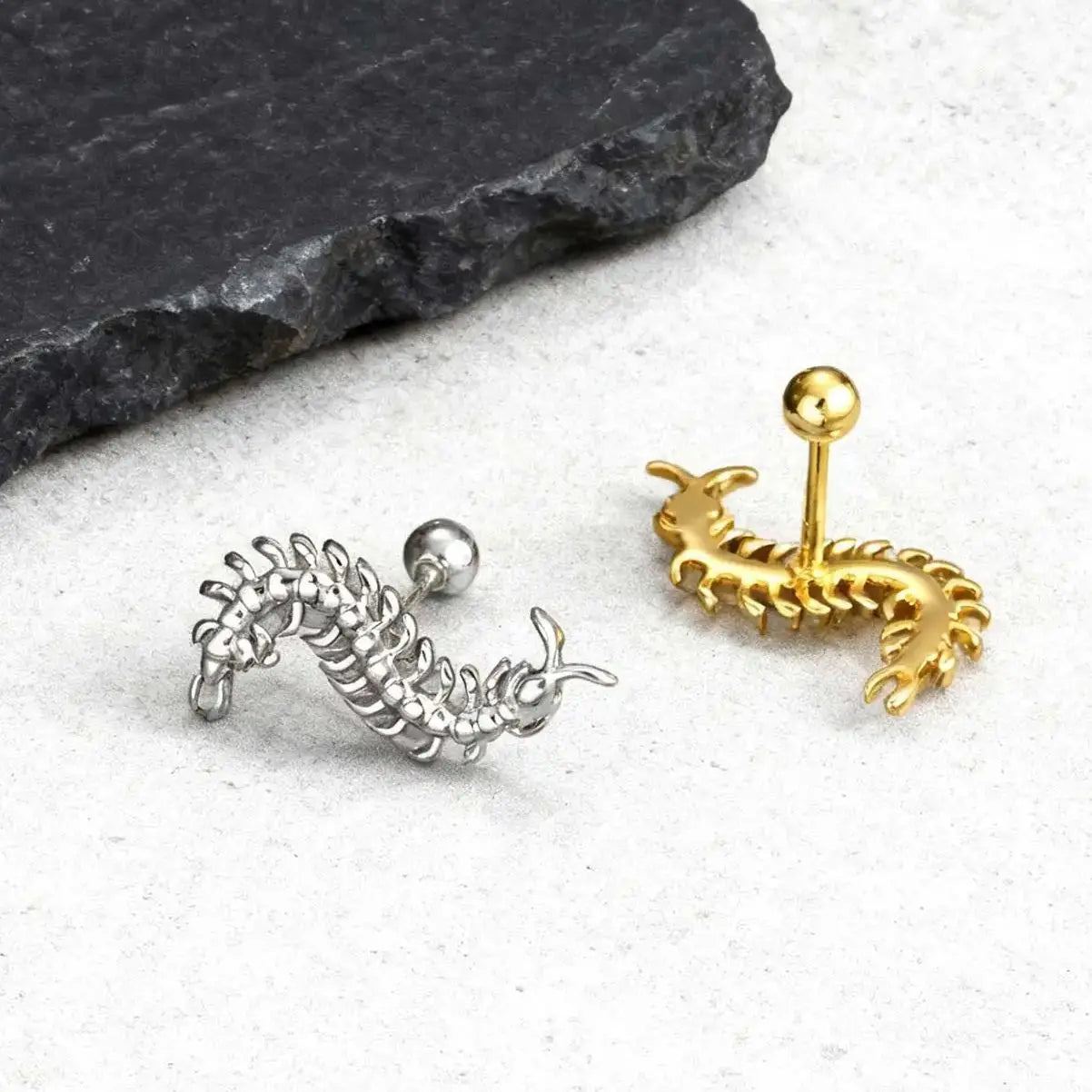 Strange Centipede Stud Earrings Punk Hip Hop Metal Jewelry for Men And Women Unique additional angle