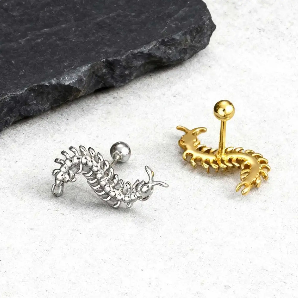 Strange Centipede Stud Earrings Punk Hip Hop Metal Jewelry for Men And Women Unique additional angle