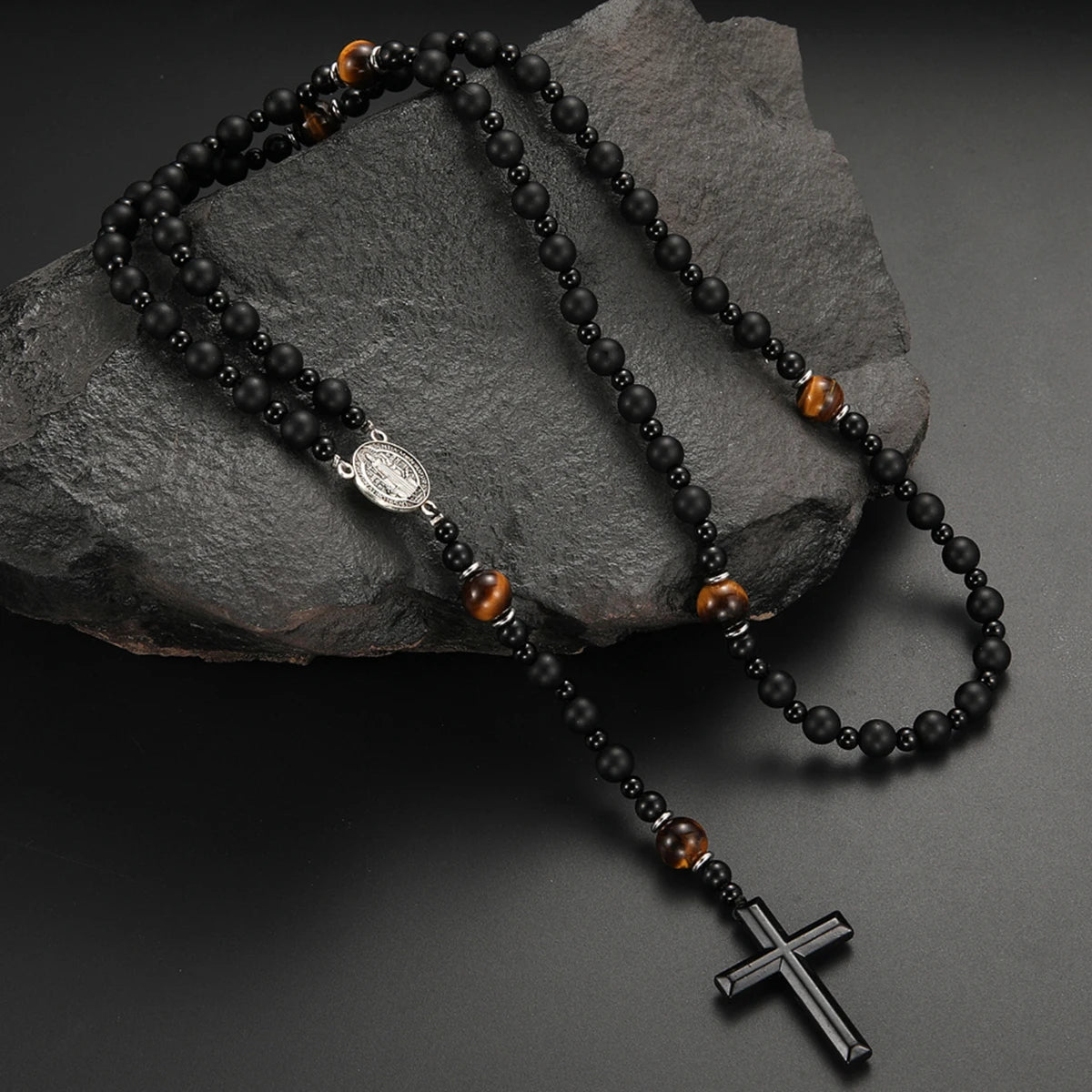 Lava Stone Black Obsidian Yellow Tiger-eye Beads Cross Pendant Y Necklace for Men alternate view