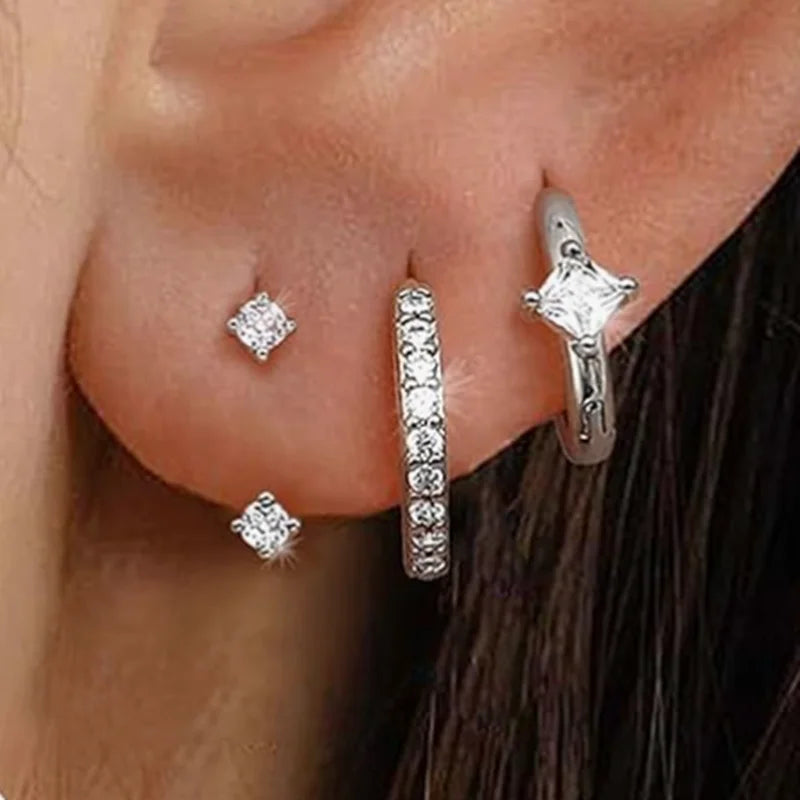 3PCS Stainless Steel Zircon Flower Star Ear Stud Earrings Set 14K Gold Plated Chain C lifestyle view