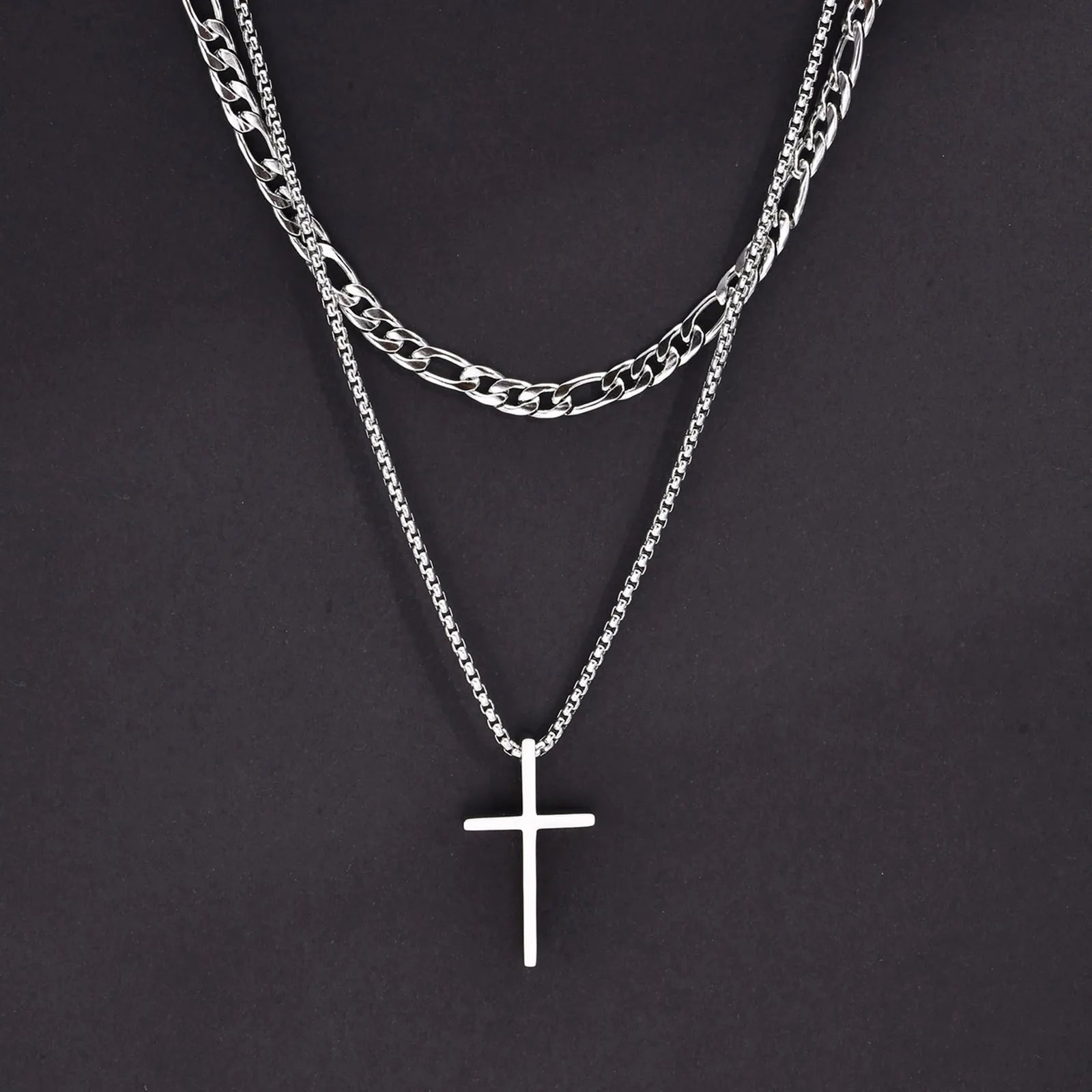 Men's Stainless Steel Layered Cross Necklace | Simple Prayer Pendant with Rope Box additional angle