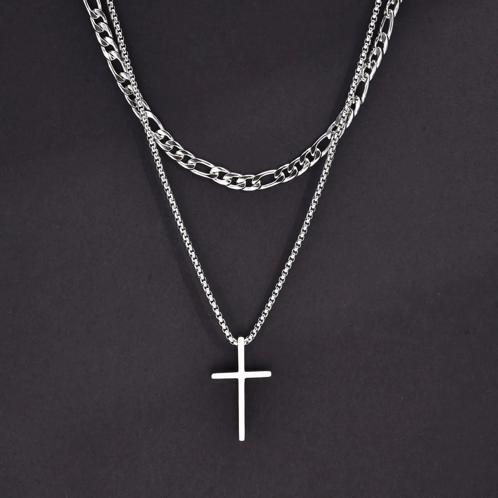 Men's Stainless Steel Layered Cross Necklace | Simple Prayer Pendant with Rope Box additional angle